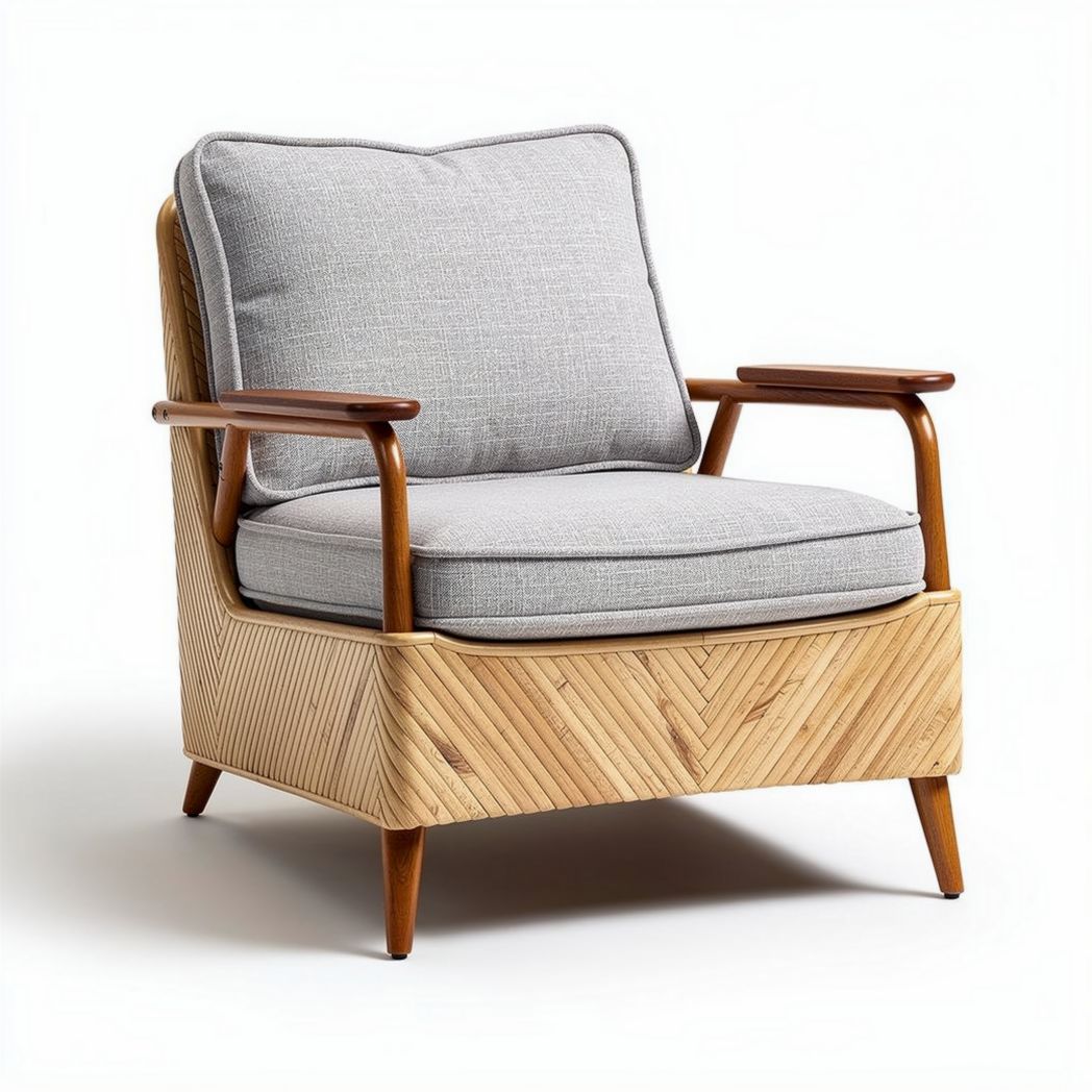 Fauteuil en rotin pour salon avec coussin en tissu - 80 x 80 x 85cm